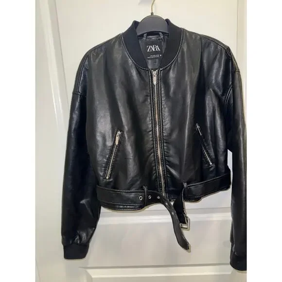 Zara Faux Leather Cropped Bomber Jacket Women Black Belted Moto Style - Picture 17 of 17